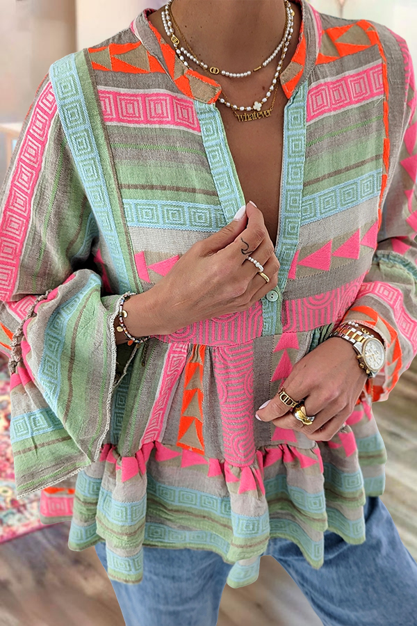 Cotton Colorful Striped Ruffle Sleeve Shirt