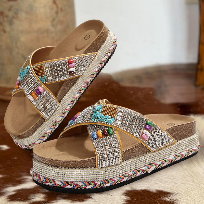Cozy Retro Platform Sandals With Sparkling Rhinestones And Turquoise