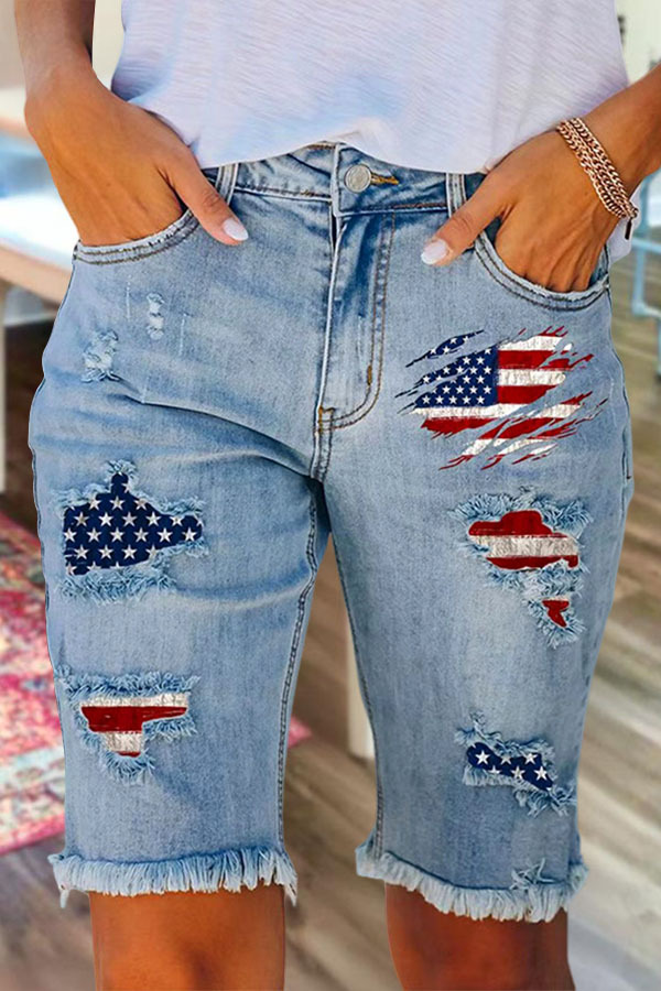 Women's jeans | Vintage Ripped Usa Flag Denim Midi Pants |website-mywesternoutfit