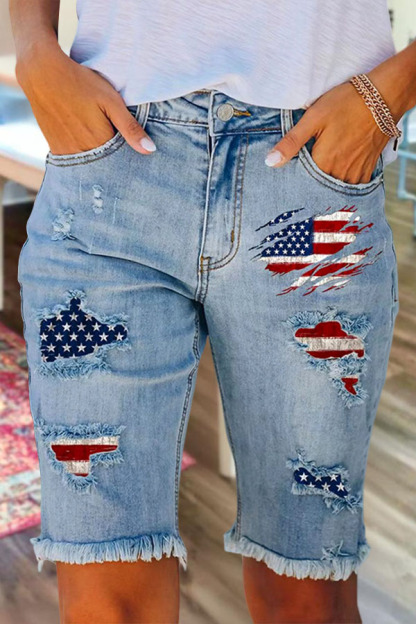 Vintage Ripped Usa Flag Denim Midi Pants