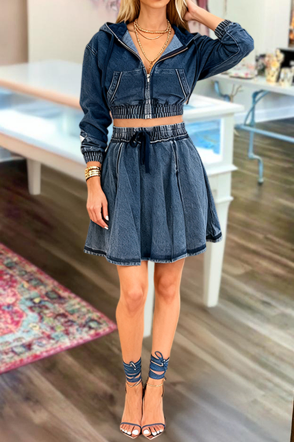 Casual Hooded Denim Jacket & Skirt Set