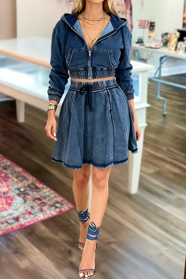 Casual Hooded Denim Jacket & Skirt Set