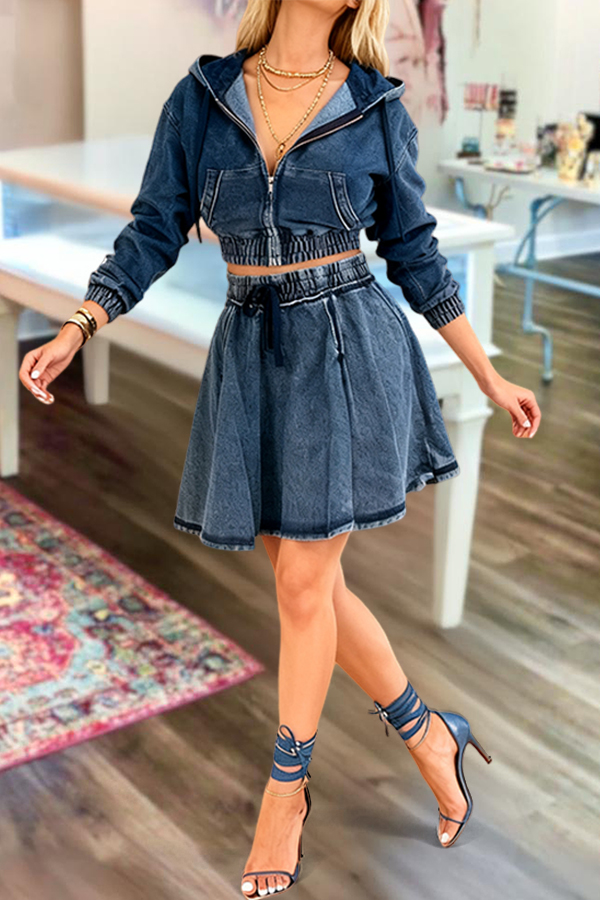 Casual Hooded Denim Jacket & Skirt Set
