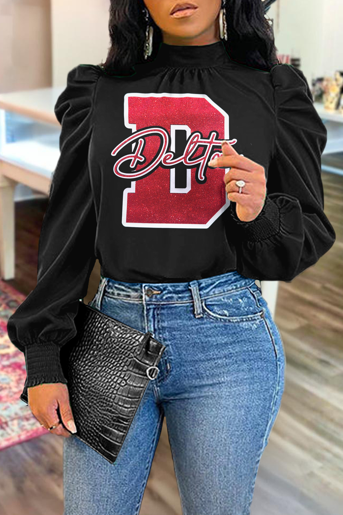 Delta Sigma Theta Sorority Print Puff Sleeve Blouse