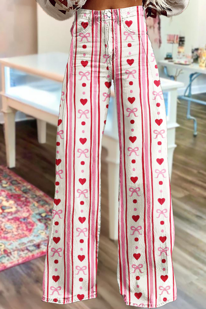 Valentine's Day Heart Print Wide-Leg Pants