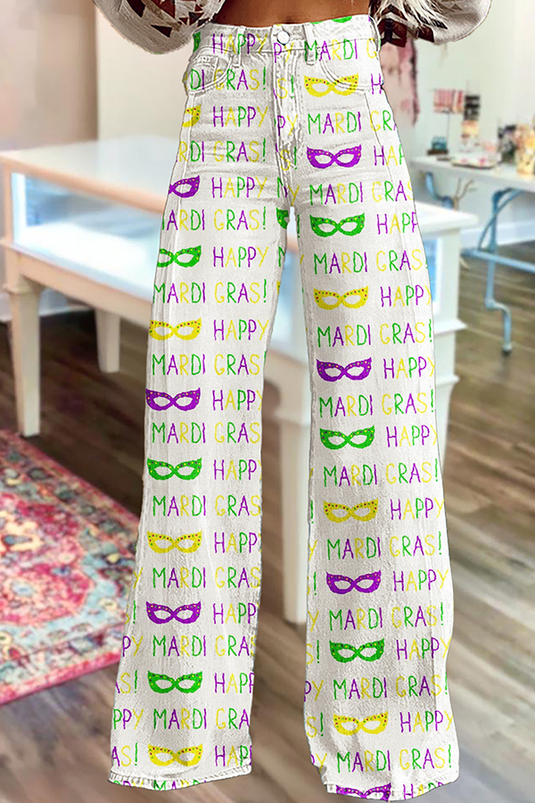 Mardi Gras Print Wide-Leg Pants