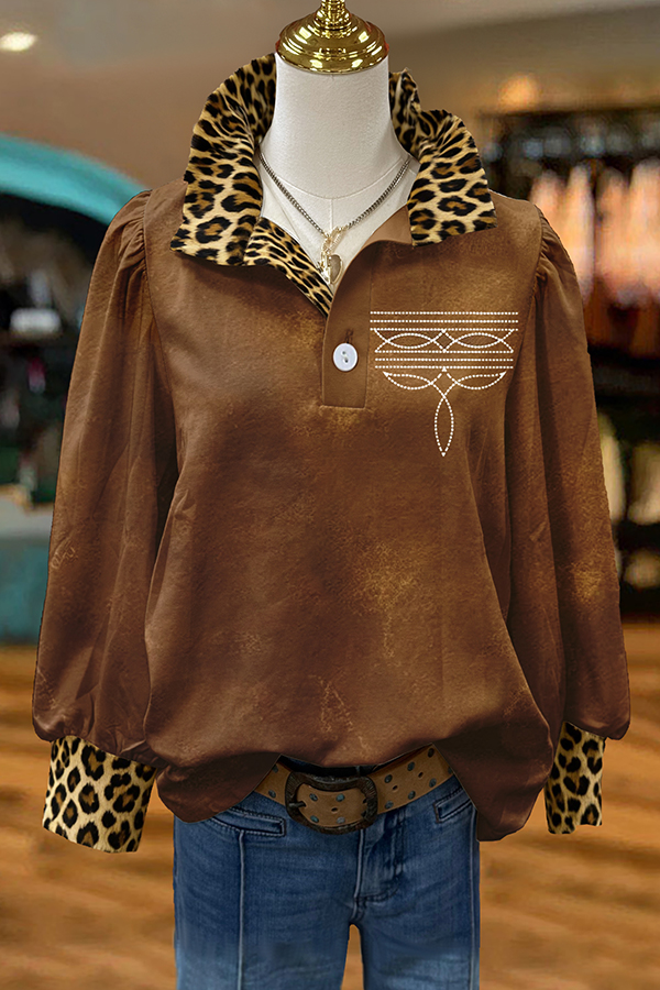 Western Boot Stitch Leopard Print Blouses