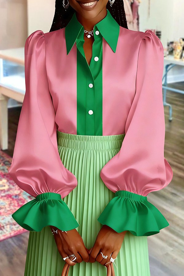 Alpha Kappa Alpha Sorority Color Block Puff Sleeve Satin Blouses