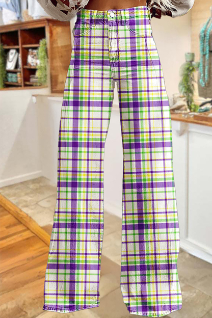 Mardi Gras Plaid Wide-Leg Pants