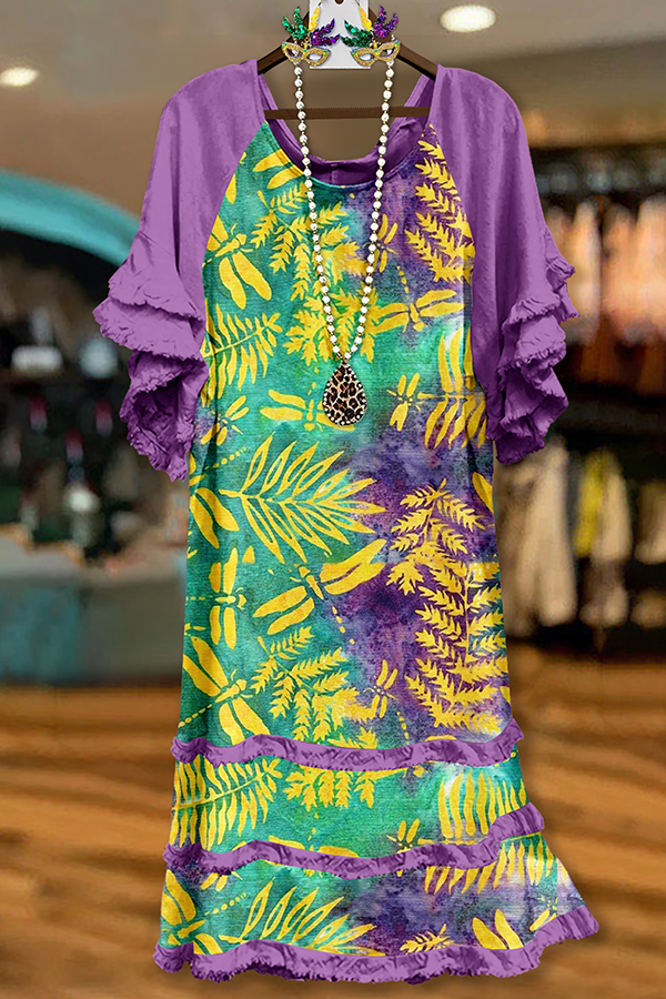 Mardi Gras Leaf Raglan Sleeve Dress