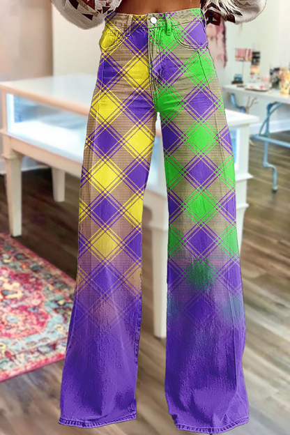 Mardi Gras Gradient Plaid Wide-leg Pants