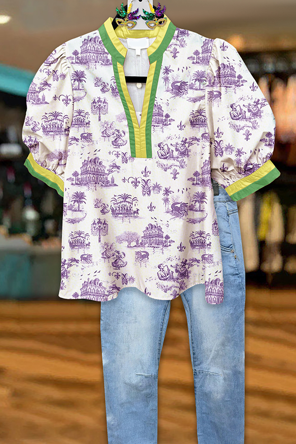 Classic Mardi Gras Puff Sleeve Blouse