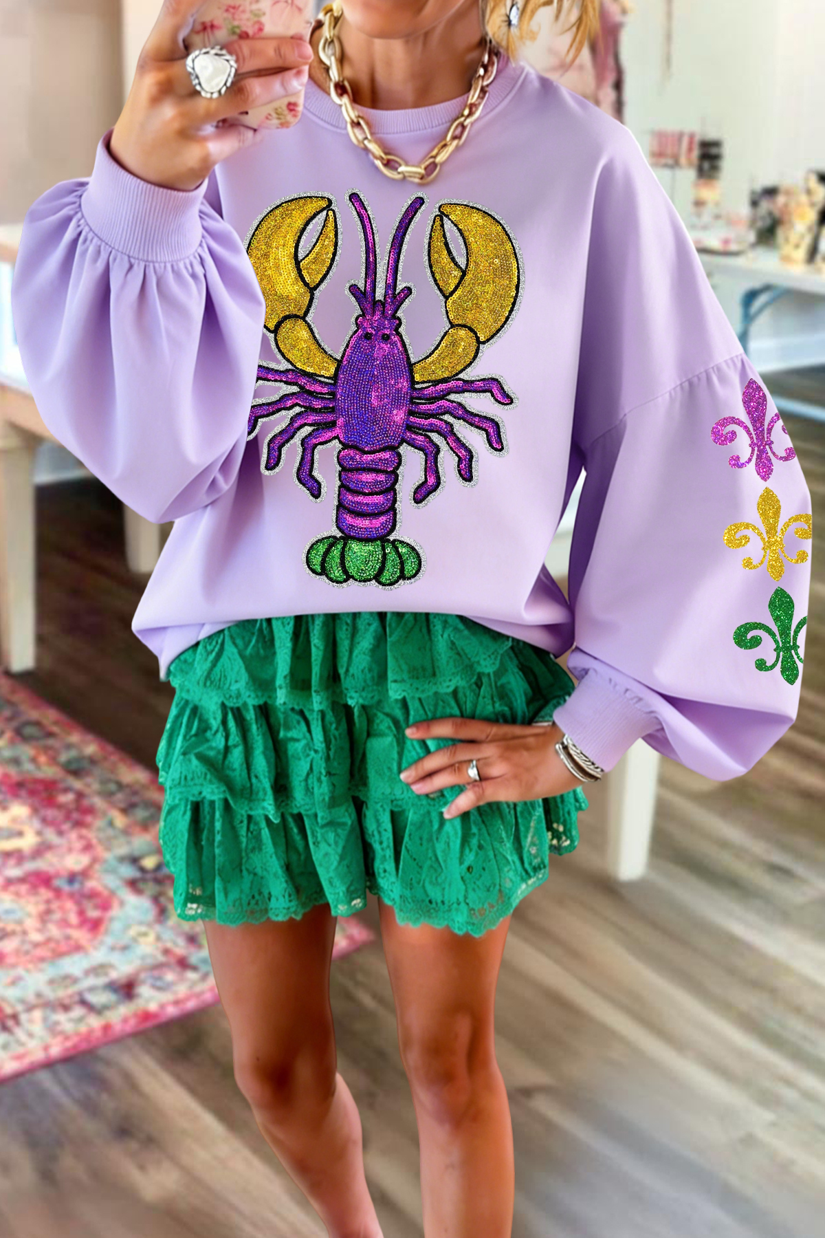 Mardi Gras Crawfish Bishop Sleeve Sweatshirt