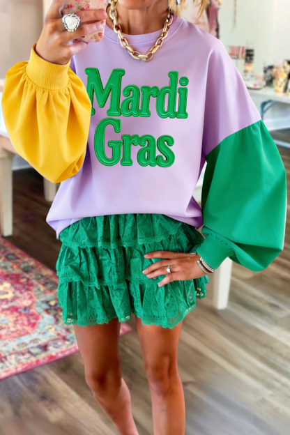Mardi Gras Color Block Bishop Sleeve Sweatshirt