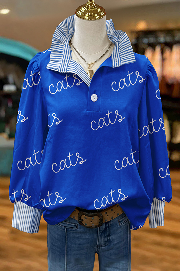 Game Day Blue And White Cats Striped Blouse