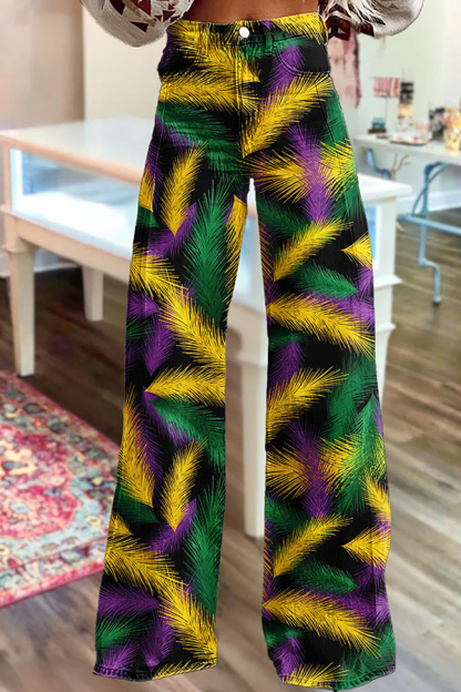 Mardi Gras Feather Wide-Leg Pants