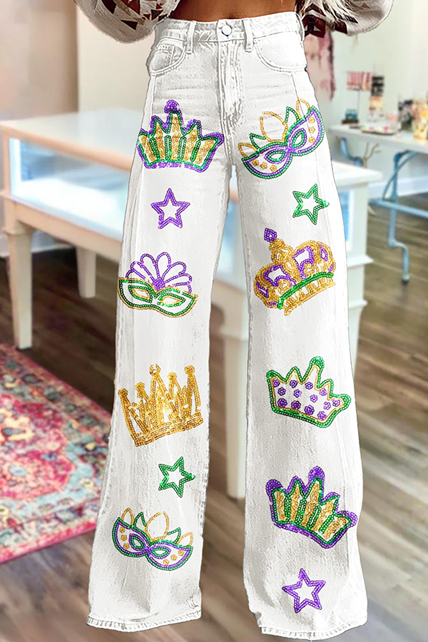 Mardi Gras Mask Wide-Leg Pants