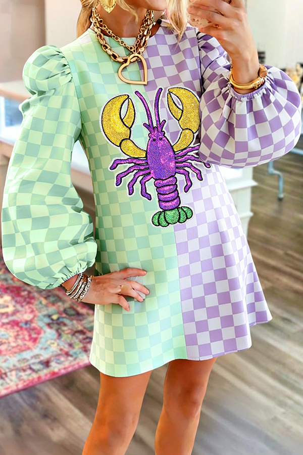 Mardi Gras Crawfish Checkered Puff-Sleeve Sweatshirt Dress