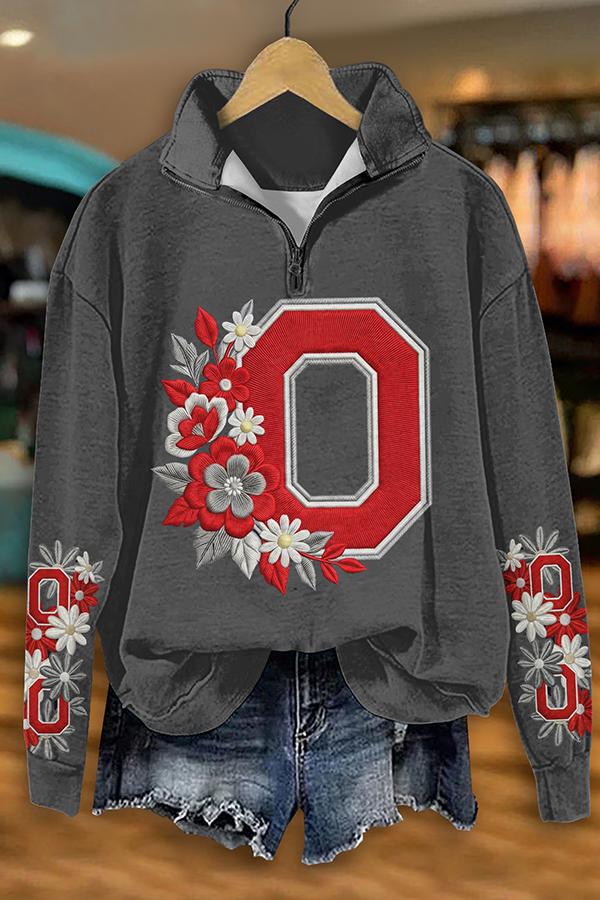 Game Day Red O Floral Zipper Sweatshirt