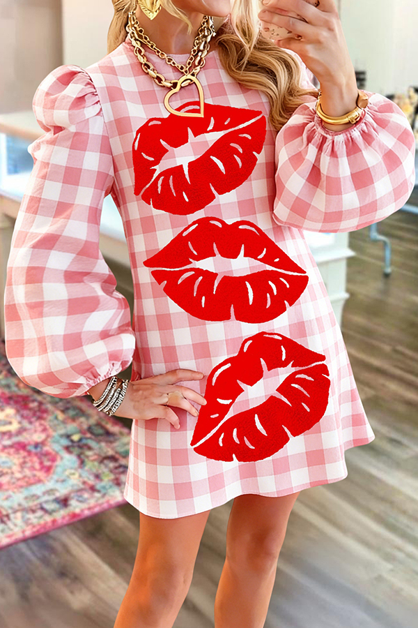 Valentine's Day Plaid Lip Print Puff Sleeve Sweatshirt Dress