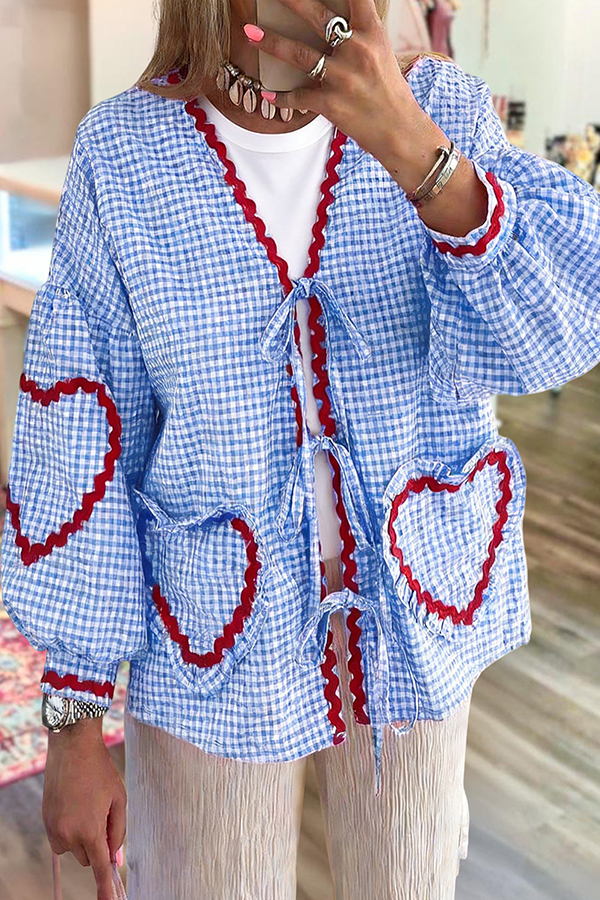 Sweet Plaid Heart Lace Blouses