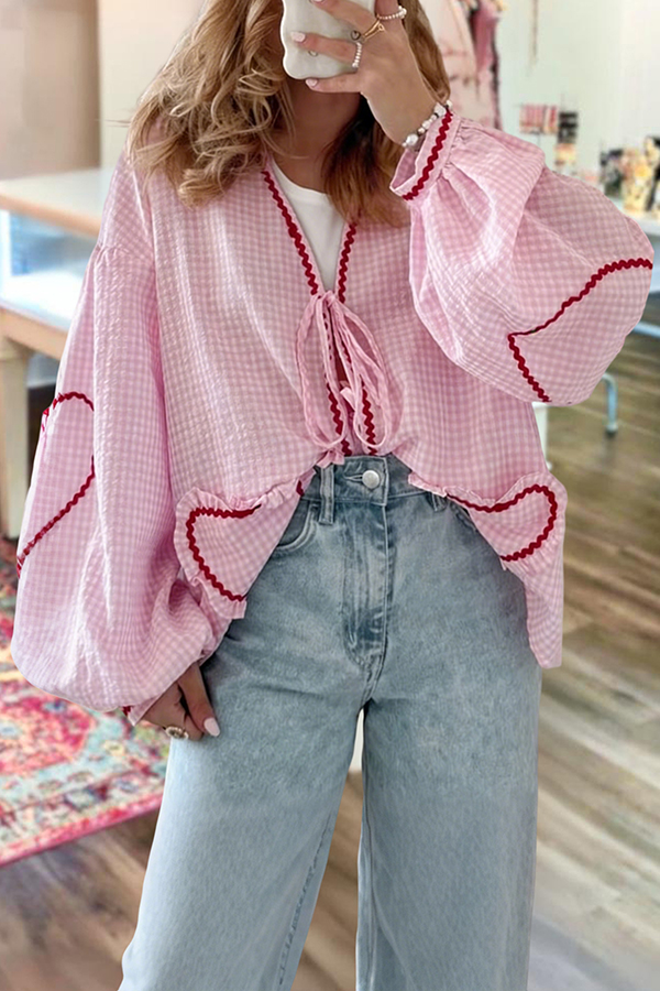 Sweet Plaid Heart Lace Blouses