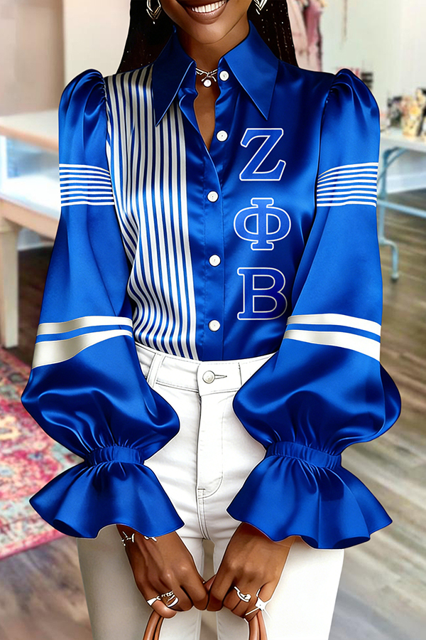 Zeta Phi Beta Sorority Puff Sleeve Satin Striped Blouse