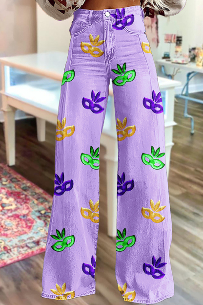 Mardi Gras Mask Wide-Leg Pants
