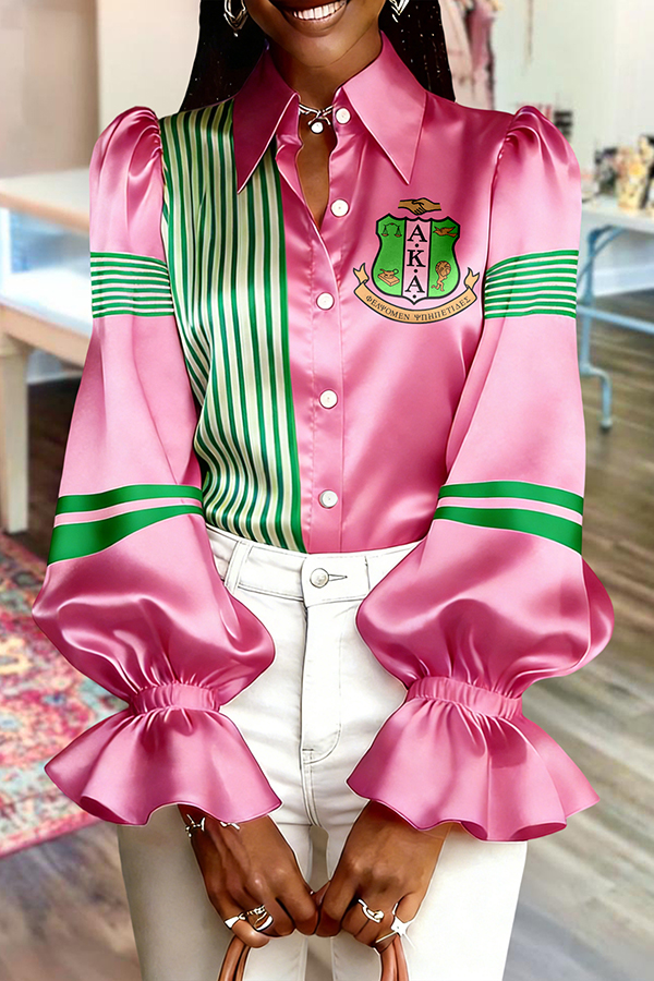 Alpha Kappa Alpha Sorority Puff Sleeve Satin Striped Blouse