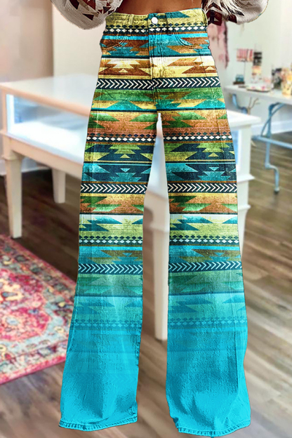 Western Aztec Print Wide-Leg Pants