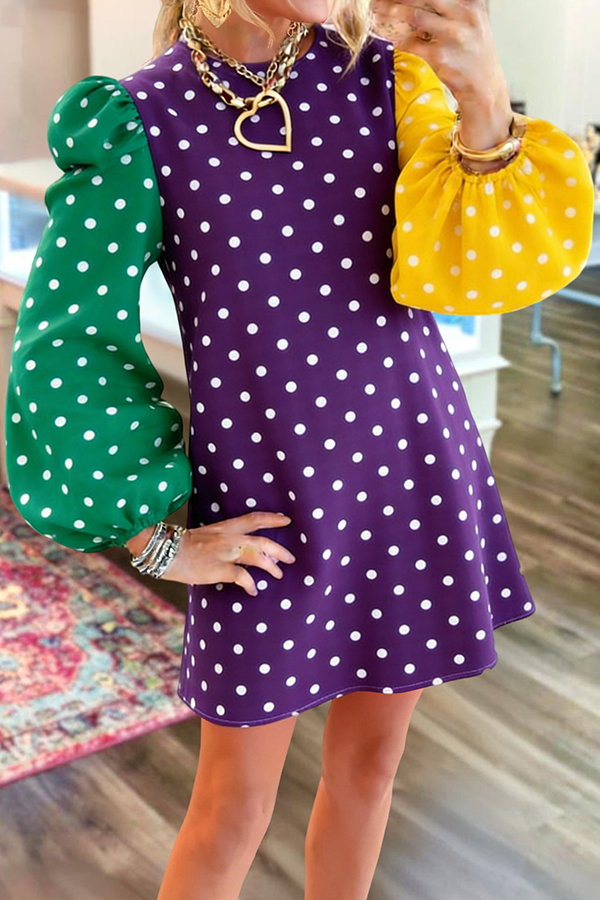 Mardi Gras Color-Block Polka Dot Puff-Sleeve Sweatshirt Dress
