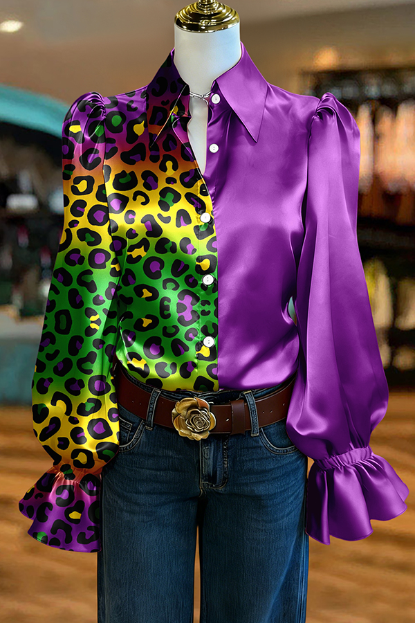 Mardi Gras Leopard Print Puff-Sleeve Satin Blouse