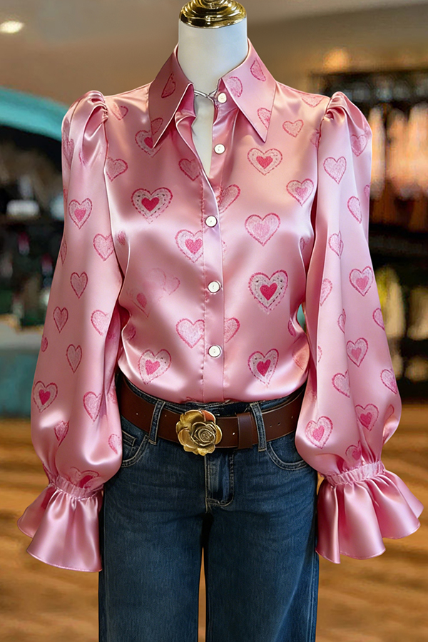 Valentine's Day Heart Puff-Sleeve Satin Blouse