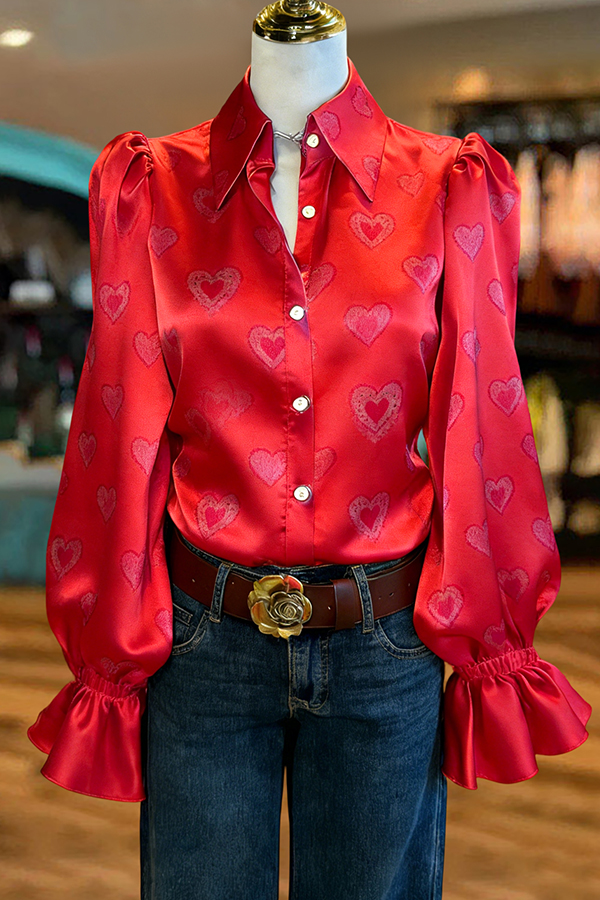 Valentine's Day Heart Puff-Sleeve Satin Blouse