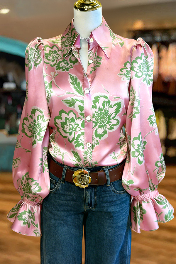 Fresh Floral Puff-Sleeve Satin Blouse