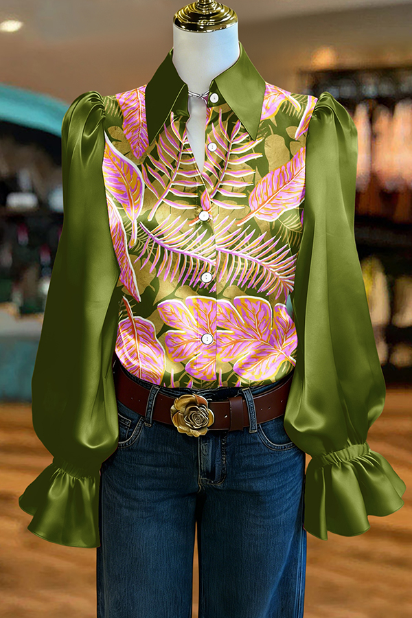 Vintage Leaf Puff-Sleeve Satin Blouse