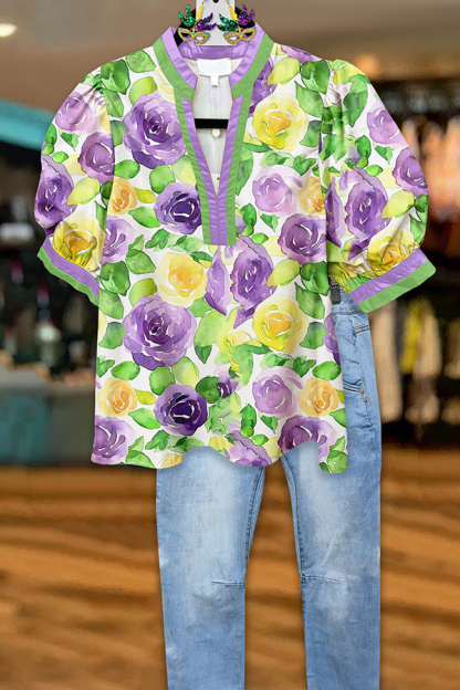 Mardi Gras Floral Puff-Sleeve Blouses