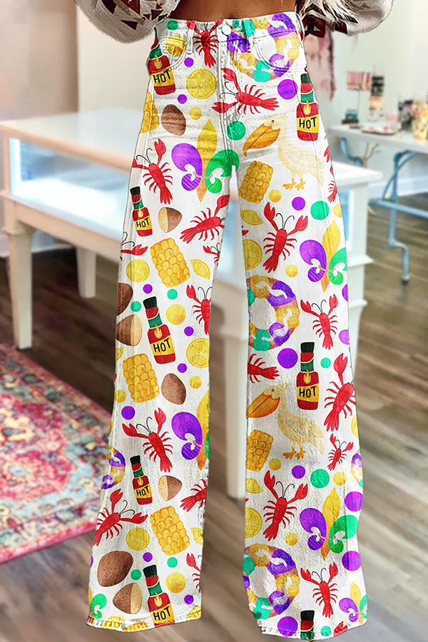 Cute Mardi Gras Crawfish Wide-Leg Pants