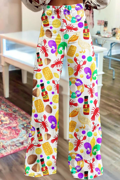 Cute Mardi Gras Crawfish Wide-Leg Pants