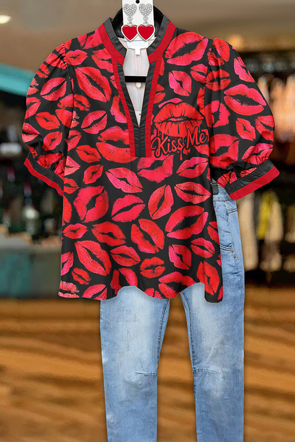Valentine's Day Lip Puff-Sleeve Blouses