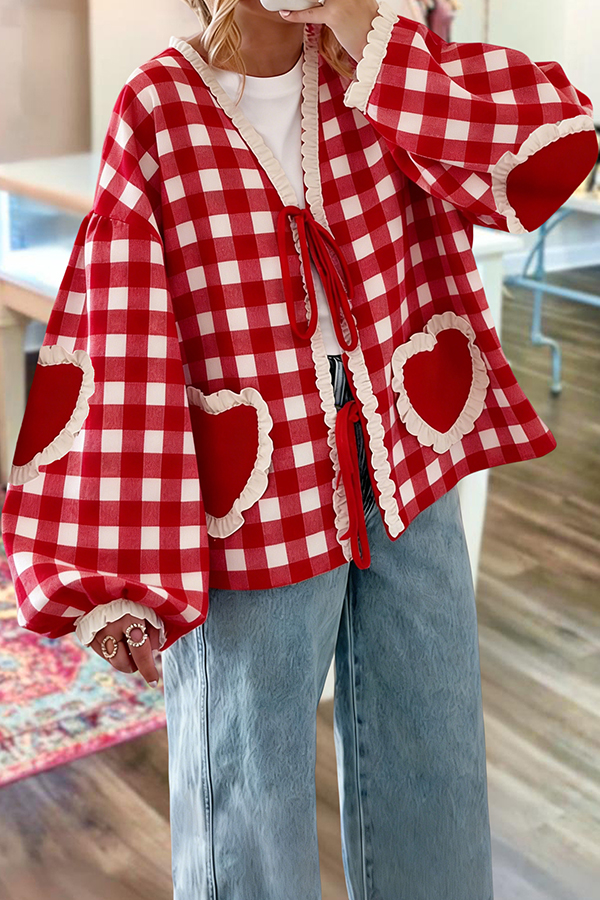 Sweet Valentine's Day Plaid Heart Lace Blouses