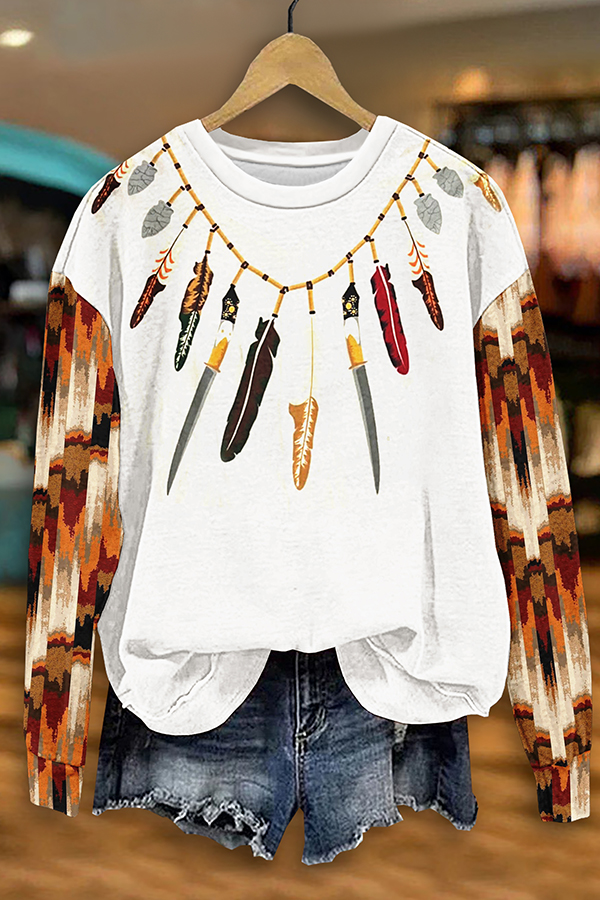 Casual Western Feather Print Sweatshirt