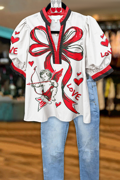 Cute Valentine's Day Puff Sleeve Blouses