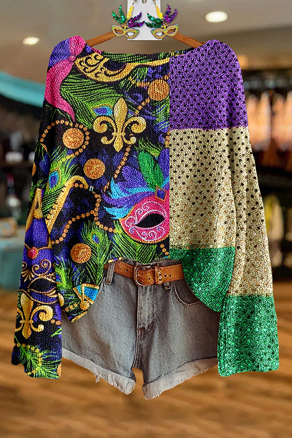 Mardi Gras Color Block Mask Sweater