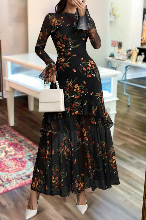 Elegant Floral Print Strapless Tulle Dress Two-Piece Set