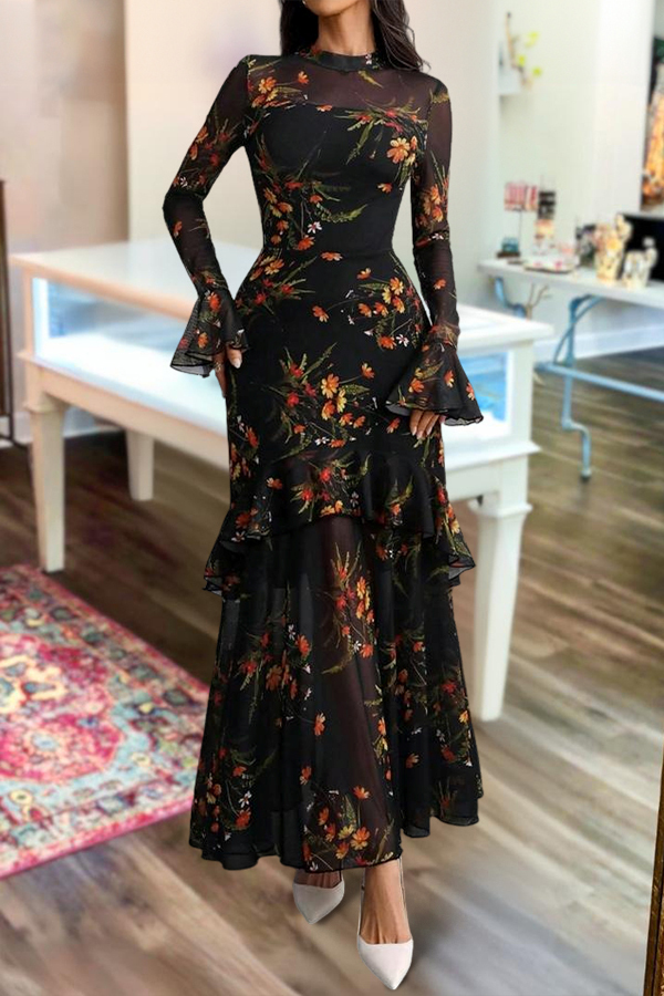 Elegant Floral Print Strapless Tulle Dress Two-Piece Set