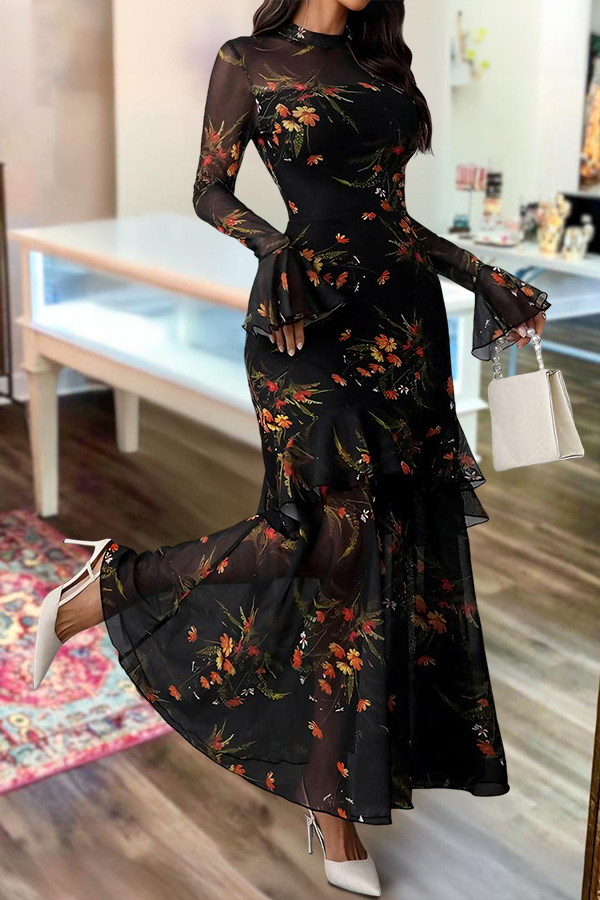 Elegant Floral Print Strapless Tulle Dress Two-Piece Set