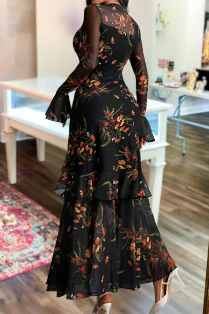 Elegant Floral Print Strapless Tulle Dress Two-Piece Set