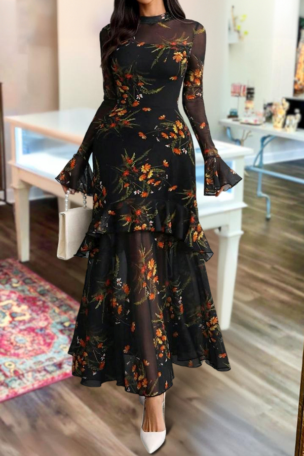 Elegant Floral Print Strapless Tulle Dress Two-Piece Set