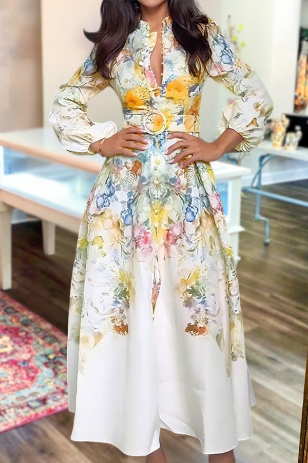 Elegant Floral Print Lantern Sleeve Dress